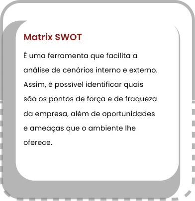 Matrix SWOT É uma ferramenta que facilita a análise de cenários interno e externo. Assim, é possível identificar quais são os pontos de força e de fraqueza da empresa, além de oportunidades e ameaças que o ambiente lhe oferece.