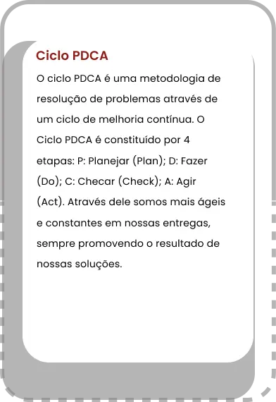 Ciclo PDCA O ciclo PDCA é uma metodologia de resolução de problemas através de um ciclo de melhoria contínua. O Ciclo PDCA é constituído por 4 etapas: P: Planejar (Plan); D: Fazer (Do); C: Checar (Check); A: Agir (Act). Através dele somos mais ágeis e constantes em nossas entregas, sempre promovendo o resultado de nossas soluções.